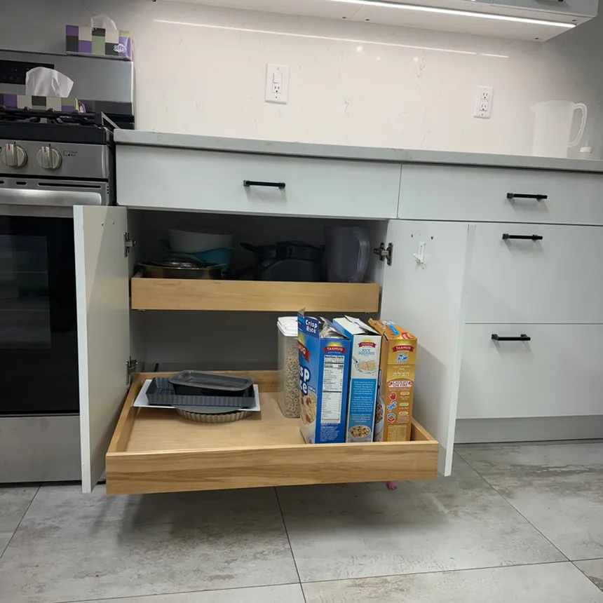 The same cabinet with two full-extension wooden pull-out drawers